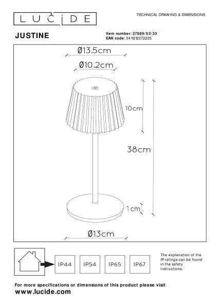 Lucide JUSTINE - Rechargeable Table lamp Indoor/Outdoor - Battery pack - LED Dim. - 1x2W 2700K - IP54 - With wireless charging pad - Green - technical